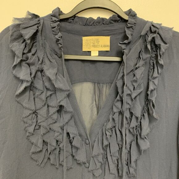 Project Alabama Ruffle 100% Silk V Neck Blouse Shirt Blue Size 10 - Picture 2 of 6